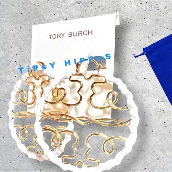 Tory Burch White and Gold Logo Hoop Earrings (6cm) - Picture 2 of 4